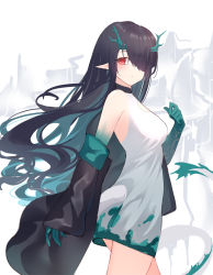 Rule 34 | 1girl, arknights, arm tattoo, beijiushui, black hair, black jacket, breasts, colored inner hair, colored skin, cowboy shot, dragon horns, dragon tail, dusk (arknights), flame-tipped tail, from side, green hair, green skin, hair over one eye, highres, horns, jacket, long hair, looking at viewer, multicolored hair, no earrings, off shoulder, open clothes, open jacket, pointy ears, red eyes, simple background, small breasts, solo, tail, tattoo, thighs, very long hair, white background