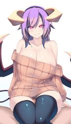 Rule 34 | 1boy, 1girl, areola slip, bare shoulders, black thighhighs, blush, breasts, brown sweater, censored, cleavage, closed mouth, commentary request, demon girl, demon tail, demon wings, girl on top, glowing, glowing eyes, hairband, highres, horns, huge breasts, large breasts, lilith (mon-musu quest: paradox), long hair, long sleeves, looking at viewer, low wings, mon-musu quest!, mon-musu quest: paradox, mosaic censoring, nice knee socks day, off-shoulder sweater, off shoulder, paid reward available, penis, pink eyes, pointy ears, pov, purple hair, shiki (psychedelic g2), simple background, sitting, skindentation, slit pupils, smile, sweater, tail, thigh sex, thighhighs, white background, wings, yellow horns