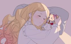 Rule 34 | 1girl, beatrice (re:zero), blonde hair, character doll, closed eyes, doll, fndlwm re, frills, korean commentary, light blush, long hair, long sleeves, lying, on side, parted bangs, parted lips, pillow, puffy long sleeves, puffy sleeves, re:zero kara hajimeru isekai seikatsu, sidelocks, sleeping, solo, stuffed toy, upper body
