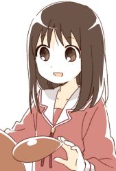 Rule 34 | 2girls, :d, azumanga daiou, brown hair, commentary request, highres, kasuga ayumu, long hair, long sleeves, looking at another, mihama chiyo, multiple girls, namori, open mouth, out of frame, pink shirt, sailor collar, school uniform, serafuku, shirt, short twintails, simple background, smile, solo focus, split mouth, twintails, white background, white sailor collar
