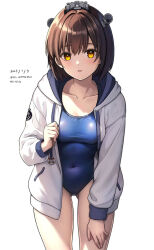 1girl blue_one-piece_swimsuit breasts brown_eyes brown_hair competition_school_swimsuit covered_navel dated gluteal_fold hanako_(peanut) hand_on_own_thigh headgear highres hood hooded_jacket jacket kantai_collection one-piece_swimsuit school_swimsuit short_hair simple_background small_breasts solo speaking_tube_headset swimsuit swimsuit_under_clothes white_background white_jacket yukikaze_(kancolle) yukikaze_(swimsuit_mode)_(kancolle)