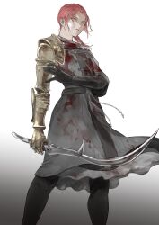 Rule 34 | 1girl, black gloves, blood, blood on clothes, closed mouth, commentary, dress, elbow gloves, elden ring, floating hair, gloves, grey dress, highres, holding, holding sword, holding weapon, kero 1110, looking away, mechanical arms, millicent (elden ring), prosthesis, prosthetic arm, red hair, scar, scar on face, short ponytail, simple background, single glove, single mechanical arm, solo, sword, weapon, yellow eyes