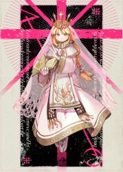 Rule 34 | 1girl, book, braid, braided ponytail, bright pupils, crown, dress, english text, full body, gloves, highres, kumomachi, long hair, long sleeves, looking at viewer, open book, original, pink dress, pointy ears, serious, solo, white gloves, white pupils, wide sleeves, yellow eyes