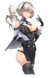 1girl, absurdres, black bra, black footwear, black gloves, black legwear, black neckwear, black panties, black skirt, blue eyes, boots, bra, breasts, cleavage, closed mouth, eyebrows visible through hair, gloves, hair between eyes, hairband, hand up, harris hero, highres, large breasts, looking at viewer, mole, mole under mouth, nier (series), nier automata, open clothes, open shirt, original, panties, platinum blonde hair, shirt, short hair, skirt, solo, standing, thigh boots, thighhighs, underwear, white background, white shirt, yorha no. 2 type b