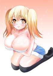 Rule 34 | 1girl, :3, bare shoulders, blonde hair, blush, breasts, cleavage, feet, gradient background, highres, huge breasts, looking at viewer, nitroplus, orange eyes, plump, shima yuri ika, short hair, shorts, smile, solo, super pochaco, thighhighs, twintails