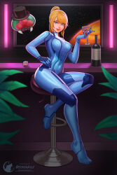Rule 34 | 1girl, astrowolf, blonde hair, blue bodysuit, blue eyes, bodysuit, breasts, commentary, covered navel, english commentary, full body, hand on own hip, highres, large breasts, long hair, looking at viewer, metroid, metroid (creature), mole, mole under mouth, nintendo, ponytail, samus aran, sitting, skin tight, smile, solo, space, zero suit