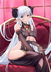 Rule 34 | 1girl, absurdly long hair, absurdres, albion (azur lane), albion (silvermoon faerie princess) (azur lane), azur lane, bare hips, bare shoulders, blue eyes, breasts, catnnn, cleavage, clothing cutout, couch, crossed legs, curled horns, demon horns, elbow gloves, gloves, highres, horns, large breasts, light purple hair, long hair, official alternate costume, pointy ears, revealing clothes, side cutout, sitting, underboob, underboob cutout, very long hair