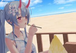 Rule 34 | 1girl, absurdres, armpit crease, bare arms, beach, bikini, blue archive, blue bikini, blue hair, blue neckerchief, blue sky, breasts, chise (blue archive), chise (swimsuit) (blue archive), cloud, collarbone, cyelho, day, eating, fence, flower, food, hair flower, hair ornament, halo, highres, horns, long hair, medium breasts, neckerchief, ocean, open mouth, outdoors, purple eyes, sailor collar, sand, shaved ice, side ponytail, sidelocks, sitting, skin-covered horns, sky, solo, spoon, striped bikini, striped clothes, sunlight, swimsuit, table, two-tone bikini, upper body, water, white bikini, white sailor collar, wooden fence, wooden table
