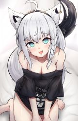 Rule 34 | 1girl, absurdres, ahoge, animal ear fluff, animal ears, black hairband, black shirt, blush, braid, breasts, cleavage, collarbone, commentary request, earrings, fang, fox ears, fox girl, fox tail, green eyes, hair between eyes, hairband, highres, hololive, jewelry, long hair, looking at viewer, medium breasts, miteiru (shirakami fubuki), off-shoulder shirt, off shoulder, pentagram, qualthis, shirakami fubuki, shirt, sidelocks, simple background, single braid, sitting, skin fang, solo, tail, tongue, tongue out, virtual youtuber, wariza, white background, white hair