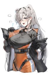 Rule 34 | 1girl, animal ears, arknights, aurora (arknights), aurora (polar catcher) (arknights), bear ears, bear girl, black choker, black coat, black gloves, blue eyes, bodysuit, breast strap, breasts, choker, coat, commentary, gloves, grey hair, heavy breathing, highres, horn/wood, large breasts, long hair, looking at viewer, official alternate costume, open clothes, open coat, orange bodysuit, revision, shorts, simple background, solo, sweat, symbol-only commentary, very long hair, white background