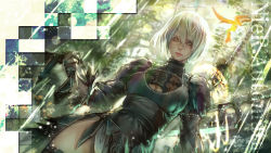 Rule 34 | absurdres, black dress, blue eyes, cleavage cutout, clothing cutout, dress, facing viewer, feather-trimmed sleeves, highres, juliet sleeves, kaburagi yasutaka, long sleeves, mole, mole under mouth, nier (series), nier:automata, no blindfold, puffy sleeves, silver hair, solo, sword, sword behind back, thighhighs, thighs, vambraces, weapon, 2b (nier:automata)