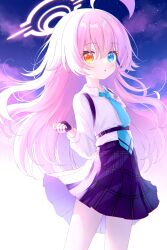 Rule 34 | 1girl, ahoge, black gloves, black skirt, blue archive, blue eyes, blue necktie, blush, collared shirt, cowboy shot, fingerless gloves, gloves, halo, heterochromia, highres, hoshino (blue archive), long hair, looking at viewer, necktie, parted lips, pink hair, pink halo, pleated skirt, shirt, skirt, solo, white shirt, yellow eyes, yottacc