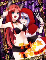 Rule 34 | 2girls, alternate costume, animal ears, apron, aqua eyes, bat (animal), between fingers, big bad wolf, big bad wolf (cosplay), blue eyes, braid, breasts, chitose (usacan), cosplay, crop top, disguise, dress, english text, hair ribbon, halloween, hand on another&#039;s hip, highres, holding, holding knife, hong meiling, hood, izayoi sakuya, knife, knives between fingers, little red riding hood, little red riding hood (grimm), little red riding hood (grimm) (cosplay), long hair, midriff, multiple girls, open mouth, pointing, pointing at self, puffy short sleeves, puffy sleeves, red dress, red hair, ribbon, short hair, short sleeves, shorts, silver hair, tongue, tongue out, touhou, tress ribbon, trick or treat, twin braids, wolf ears