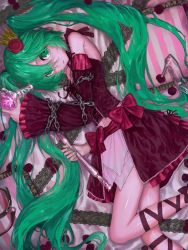 Rule 34 | bare shoulders, bed sheet, chain, collar, corset, crown, detached sleeves, flower, frilled sleeves, frills, glass slipper, green eyes, green hair, green nails, hair flower, hair ornament, hatsune miku, highres, korpokkur kne, lace, leg ribbon, looking at viewer, lying, mini crown, nail polish, navel, on bed, on side, parted lips, petals, red flower, red rose, ribbon, romeo to cinderella (vocaloid), rose, striped pillow, vintage dress (module), vocaloid, wide sleeves