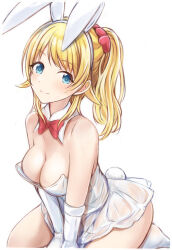 Rule 34 | 1girl, animal ears, blonde hair, blue eyes, breasts, cleavage, detached collar, elbow gloves, fake animal ears, gloves, hachimiya meguru, idolmaster, idolmaster shiny colors, kneeling, large breasts, leotard, looking at viewer, nannacy7, out of frame, playboy bunny, ponytail, smile, socks, solo, thighs, v arms, white background, white socks