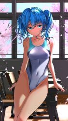 Rule 34 | 1girl, aigami kaon, blue eyes, blue hair, blush, breasts, cherry blossoms, classroom, closed mouth, commentary request, competition swimsuit, covered navel, day, desk, earrings, falling petals, fang, flower earrings, garter-velvet, grey one-piece swimsuit, hair between eyes, highleg, highleg swimsuit, highres, indoors, jewelry, looking at viewer, medium breasts, one-piece swimsuit, one-piece tan, original, paid reward available, petals, school desk, smile, solo, sunlight, swimsuit, tan, tanline, twintails, twitter username, window, wooden floor