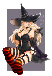 Rule 34 | 1girl, alternate costume, black choker, black dress, black gloves, blonde hair, blue eyes, breasts, cape, center opening, choker, cleavage, crescent moon, dress, elbow gloves, eye (mememem), flask, gloves, halloween, halloween costume, hand on own hip, hat, highres, invisible chair, kolin, large breasts, long hair, looking at viewer, moon, no bra, orange thighhighs, outside border, over-kneehighs, sideboob, sitting, solo, strap gap, street fighter, street fighter v, striped clothes, striped thighhighs, thighhighs, thighs, witch hat