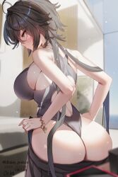 Rule 34 | 1girl, ahoge, ass, back, black hair, blush, breasts, clothes pull, competition swimsuit, curvy, from behind, highres, huge ass, hwansang jungdog, indoors, large breasts, long hair, one-piece swimsuit, original, skirt, skirt pull, solo, swimsuit, thong, thong one-piece swimsuit, twitter username, very long hair, wide hips, yellow eyes