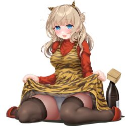 Rule 34 | 1girl, animal print, black thighhighs, blue eyes, blush, bottle, clothes lift, dd (ijigendd), dress, dress lift, fake horns, fang, highres, horns, kantai collection, lifting own clothes, light brown hair, long hair, long sleeves, masu, official alternate costume, open mouth, panties, ranger (kancolle), red shirt, shirt, simple background, skin fang, smile, solo, thighhighs, tiger print, underwear, white background, white panties, yellow dress