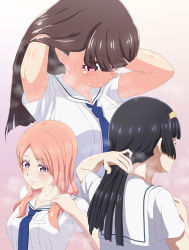 Rule 34 | 3girls, absurdres, black hair, blouse, blue necktie, blush, breasts, brown hair, character request, cinderella series, collarbone, from above, from behind, hachigatsu no cinderella nine, hairband, hands in hair, highres, hot, kanako nagai, looking at viewer, looking down, multiple girls, multiple views, necktie, orange hair, parted bangs, purple eyes, red eyes, sabano (risosf), sailor collar, shirt, short sleeves, steam, steaming body, sweat, uniform, upper body, white shirt