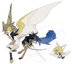 Rule 34 | animal ears, animal feet, blonde hair, blue feathers, blue tail, blue wings, chibi, chibi inset, creature, feathered wings, feathers, highres, kamikiririp, original, solo, sphinx, white background, wings, yellow eyes, yellow feathers, yellow wings
