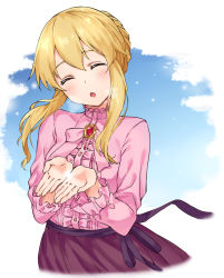 Rule 34 | 1girl, blonde hair, blue sky, braid, breath, brooch, clarice (idolmaster), cloud, day, closed eyes, french braid, frilled shirt, frills, hands up, head tilt, highres, idolmaster, idolmaster cinderella girls, jewelry, open mouth, outdoors, own hands together, pink shirt, purple skirt, sash, shirt, short hair with long locks, sidelocks, sirurabbit, skirt, sky, snow, solo, upper body
