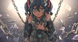 Rule 34 | 1girl, aqua eyes, aqua hair, aqua necktie, backlighting, bare shoulders, breaking, chain, chained, clenched teeth, crying, crying with eyes open, detached sleeves, hand on own chest, hatsune miku, highres, long hair, necktie, open collar, pleated skirt, restrained, shards, shirt, single stripe, skirt, sleeveless, sleeveless shirt, solo, tears, teeth, tomizu, twintails, very long hair, vocaloid