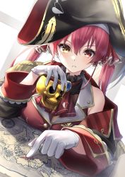 Rule 34 | 1girl, ascot, breasts, cleavage, cup, dokuro-kun (houshou marine), gloves, hair between eyes, hair ribbon, hat, heterochromia, highres, holding, holding cup, hololive, houshou marine, houshou marine (1st costume), large breasts, long hair, long sleeves, looking at viewer, map, off shoulder, pirate hat, red ascot, red eyes, red hair, ribbon, see-through, see-through cleavage, solo, tsurupy, twintails, upper body, virtual youtuber, white gloves, yellow eyes