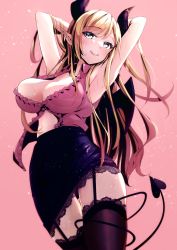Rule 34 | 1girl, 5to rai, armpits, arms up, black skirt, black thighhighs, blonde hair, blue eyes, blush, breasts, cleavage, closed mouth, collared shirt, commentary, cowboy shot, demon girl, demon horns, demon tail, eyebrows hidden by hair, frilled shirt, frills, garter straps, gradient hair, hands in hair, highres, hololive, horns, lace, lace-trimmed legwear, lace-trimmed skirt, lace trim, licking lips, light particles, long hair, looking at viewer, medium breasts, midriff, miniskirt, multicolored hair, pencil skirt, pink background, pink shirt, pointy ears, shirt, simple background, skirt, sleeveless, sleeveless shirt, smile, solo, standing, sweat, tail, tail around own leg, thigh gap, thighhighs, tongue, tongue out, two-tone hair, virtual youtuber, wing collar, yuzuki choco, yuzuki choco (1st costume), zettai ryouiki