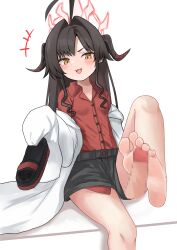 Rule 34 | 1girl, absurdres, barefoot, black hair, blue archive, blush, feet, footjob, highres, horns, kasumi (blue archive), long hair, lts kakuyo, open mouth, shoes, unworn shoes, shorts, single shoe, slippers, soles, toes, yellow eyes
