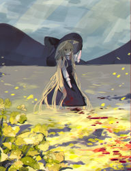 Rule 34 | 1girl, absurdly long hair, absurdres, adjusting clothes, adjusting headwear, black dress, black gloves, black hat, blonde hair, blood, blood on clothes, commentary, dress, field, flower, flower field, full body, gloves, grey eyes, hand up, hat, highres, kirisame marisa, large hat, long hair, long sleeves, looking at viewer, mountain, parted lips, petals, shi chimi, shirt, sky, solo, touhou, very long hair, white shirt, witch hat, yellow flower