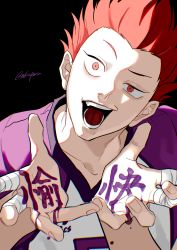 Rule 34 | 1boy, :d, absurdres, anaglyph, bandages, black background, haikyuu!!, head tilt, highres, looking at viewer, male focus, mix (wkupmix), open mouth, red eyes, red hair, short hair, simple background, smile, solo, sportswear, teeth, tendou satori, twitter username, upper body, volleyball uniform
