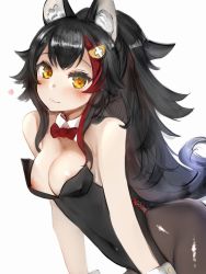 Rule 34 | 1girl, animal ear fluff, animal ears, bad id, bad twitter id, bare shoulders, black hair, black leotard, black pantyhose, blush, bow, breasts, closed mouth, covered erect nipples, covered navel, detached collar, hair ornament, hairclip, highres, hololive, leotard, leotard pull, long hair, medium breasts, multicolored hair, nanashi (nlo), nipple slip, nipples, nontraditional playboy bunny, ookami mio, panties, pantyhose, pantyshot, playboy bunny, ponytail, red bow, red hair, smile, solo, streaked hair, underwear, very long hair, virtual youtuber, white background, wolf ears, wolf girl, wrist cuffs, yellow eyes