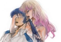 Rule 34 | 00s, 1boy, 1girl, biting, breasts, cleavage, covering privates, covering another&#039;s eyes, covering face, covering own eyes, ear biting, femdom, grabbing another&#039;s hair, hand on another&#039;s head, licking, macross, macross frontier, medium breasts, saotome alto, sheryl nome