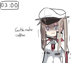 Rule 34 | 10s, 1girl, bags under eyes, black gloves, blue eyes, bow, bowtie, brown hair, capelet, english text, exhausted, gloves, graf zeppelin (kancolle), hat, jitome, kantai collection, melonenbrot, military, military uniform, naval uniform, peaked cap, sidelocks, simple background, sleepy, solo, timestamp, trembling, twintails, uniform, white background