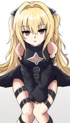 1girl absurdres bare_shoulders black_dress blonde_hair blush breasts commentary detached_sleeves dress eyelashes eyes_visible_through_hair feet_out_of_frame hair_between_eyes hair_intakes highres konjiki_no_yami leaning_forward long_hair looking_at_viewer medium_breasts open_mouth red_eyes sidelocks simple_background sitting sleeveless sleeveless_dress sleeves_past_wrists solo star_cutout suberaku thigh_strap to_love-ru tsurime two_side_up upturned_eyes v_arms very_long_hair white_background wide_sleeves