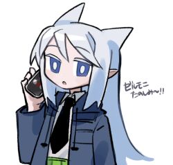 Rule 34 | 1girl, black necktie, blue coat, blue eyes, bright pupils, cellphone, coat, collared shirt, colored eyelashes, commentary, copyright name, expressionless, green skirt, half-closed eyes, hand up, highres, holding, holding phone, hood, hood down, hooded coat, long hair, long sleeves, looking at viewer, moshimo moshiko, necktie, nuinuiwawan, open clothes, open coat, phone, pleated skirt, pointy ears, shirt, shirt tucked in, skirt, smartphone, solo, talking on phone, translation request, upper body, white hair, white pupils, white shirt, zelmoni