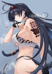 Rule 34 | 1girl, absurdres, animal ears, arknights, ass, black hair, blaze (arknights), blue eyes, breasts, cat ears, cat tail, fingerless gloves, gloves, hairband, highres, large breasts, long hair, mikai 2035, steaming body, sweat, tail