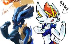 Rule 34 | 2boys, animal ears, animal hands, animal nose, artist name, blue fur, body fur, braixen, cinderace, closed mouth, collaboration, collarbone, creatures (company), cropped, fang, fighting stance, fire, furry, furry male, game freak, gen 4 pokemon, gen 6 pokemon, gen 8 pokemon, hands up, holding, holding stick, ikei, jpeg artifacts, lucario, male focus, merurugu, multiple boys, nintendo, open mouth, orange eyes, pokemon, pokemon (creature), rabbit boy, rabbit ears, rabbit tail, red eyes, red fur, red hair, short hair, signature, simple background, sketch, snout, spikes, standing, stick, tail, upper body, white background, white fur, wolf boy, wolf ears, yellow fur