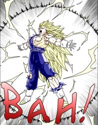 Rule 34 | !, 1boy, blonde hair, boots, dragon ball, dragon ball multiverse, dragonball z, earrings, gloves, green eyes, jewelry, long hair, male focus, muscular, open mouth, simple background, solo, solo focus, super saiyan, super saiyan 3, teeth, tongue, torn clothes, vegetto, very long hair