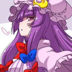 Rule 34 | 1girl, blue bow, blunt bangs, bow, bowtie, capelet, commentary request, crescent, crescent hat ornament, crescent pin, from side, hair bow, hanya (hanya yashiki), hat, hat ornament, long hair, looking at viewer, mob cap, patchouli knowledge, purple eyes, purple hair, red bow, red bowtie, simple background, solo, touhou, upper body