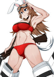 Rule 34 | 1girl, abs, animal ears, arm up, armpits, bikini, blue eyes, breasts, brown hair, charlotte e. yeager, goggles, goggles on head, highres, komusou (jinrikisha), large breasts, long hair, muscular, muscular female, navel, rabbit ears, rabbit girl, red bikini, solo, strike witches, striker unit, swimsuit, world witches series