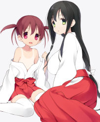 Rule 34 | 2girls, :d, black hair, breasts, brown hair, collarbone, female focus, green eyes, hakama, hakama short skirt, hakama skirt, itsumi (itumiyuo), iwato kasumi, japanese clothes, large breasts, long hair, low-tied long hair, miko, multiple girls, no bra, off shoulder, one-piece tan, open mouth, parted lips, pink hair, pleated skirt, red hakama, red skirt, saki (manga), sidelocks, simple background, sitting, skirt, smile, tan, tanline, thighhighs, twintails, usuzumi hatsumi, very long hair, wariza, white background, white legwear