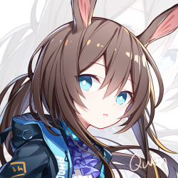 Rule 34 | 1girl, amiya (arknights), animal ears, arknights, black jacket, black legwear, blue eyes, blue neckerchief, brown hair, hair between eyes, hands in pockets, hood, hooded jacket, jacket, jewelry, long hair, looking at viewer, neck ring, neckerchief, open clothes, open jacket, open mouth, pixiv username, ponytail, quan (kurisu tina), rabbit ears, ribbed sweater, solo, sweater, white background, white sweater, zoom layer