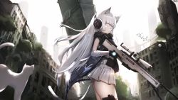 Rule 34 | 1girl, absurdres, ai arctic warfare, animal, animal ear fluff, animal ears, awp (girls&#039; frontline) (nekoya (liu)), bandaged arm, bandages, bird, black gloves, blue eyes, bolt action, building, cat, cat ears, cat girl, cat tail, closed mouth, colored eyelashes, commentary, commission, dress, english commentary, girls&#039; frontline, gloves, gun, headphones, highres, holding, holding gun, holding weapon, long hair, looking at viewer, nekoya (liu), original, overgrown, pleated dress, revision, rifle, ruins, scenery, skyscraper, sleeveless, sleeveless dress, sniper rifle, scope, solo, standing, tail, trigger discipline, very long hair, weapon, white cat, white dress, white hair