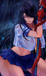Rule 34 | 1girl, black hair, blue eyes, breasts, commentary request, fingerless gloves, gloves, hair over one eye, ikkitousen, kan&#039;u unchou, large breasts, long hair, march ab, no bra, pleated skirt, rain, rope, school uniform, see-through, see-through shirt, serafuku, short sleeves, skirt, solo, staff, standing, twitter username, wet, wet clothes