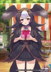 Rule 34 | 1girl, bird girl, bird tail, bird wings, black jacket, black skirt, blush, brown eyes, brown hair, brown jacket, brown neckwear, circlet, commentary request, frilled jacket, frilled skirt, frilled sleeves, frills, gift, hair between eyes, head wings, jacket, kemono friends, kemono friends 3, long hair, long sleeves, looking at viewer, multicolored clothes, multicolored hair, multicolored jacket, official art, scarf, skirt, solo, striated caracara (kemono friends), tadano magu, tail, two-tone hair, two-tone jacket, two-tone neckwear, white hair, white neckwear, wings