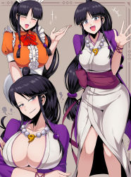 Rule 34 | 1girl, ace attorney, apron, black hair, blunt bangs, breast hold, breasts, cleavage, collarbone, crossed arms, dress, frilled apron, frills, hand up, highres, japanese clothes, kimono, large breasts, long hair, looking at viewer, magatama, maya fey, mia fey, official alternate costume, open mouth, orange dress, sash, seductive smile, shimure (460), smile, very long hair