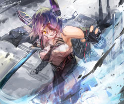 Rule 34 | 1girl, black gloves, breast pocket, breasts, checkered clothes, checkered necktie, checkered neckwear, dated, eyepatch, gloves, grin, headgear, highres, holding, holding sword, holding weapon, jacket, kantai collection, large breasts, nagasawa tougo, necktie, open mouth, orange eyes, partially fingerless gloves, pocket, purple hair, rigging, shirt, short hair, skirt, sleeveless, sleeveless shirt, smile, solo, sword, tenryuu (kancolle), tenryuu kai ni (kancolle), twitter username, weapon