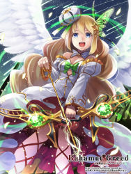 Rule 34 | 1girl, :d, angel wings, arrow (projectile), bahamut greed, bare shoulders, blonde hair, blue eyes, bow, bow (weapon), breasts, butterfly hair ornament, character request, cleavage, crown, detached sleeves, dress, dutch angle, english text, frilled sleeves, frills, green bow, green ribbon, hair ornament, holding, holding weapon, leg ribbon, long hair, mini crown, open mouth, puffy sleeves, red ribbon, ribbon, shooting star, small breasts, smile, solo, star (sky), star (symbol), star hair ornament, tokumaro, watermark, weapon, web address, white dress, wings